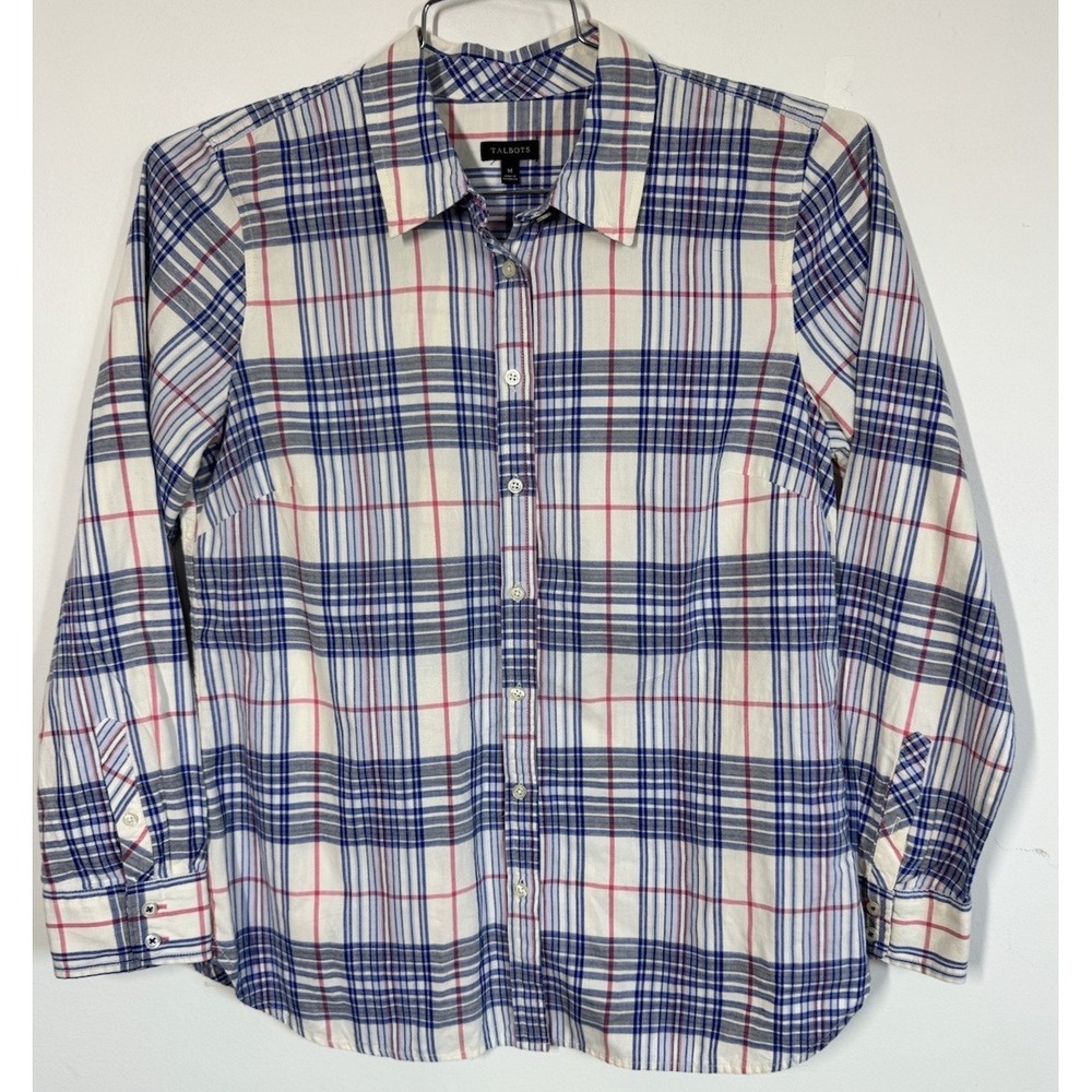 Talbots Long Sleeve Casual Pink And Blue Plaid Button Up Shirt Sz M Coastal Prep